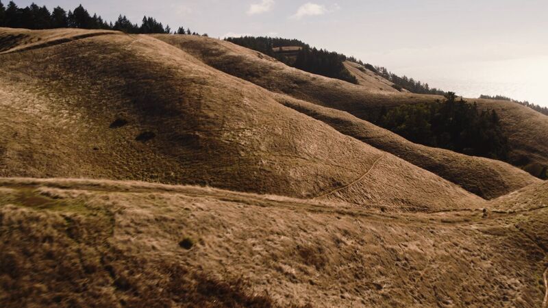 Golden rolling hills under soft light, aerial still